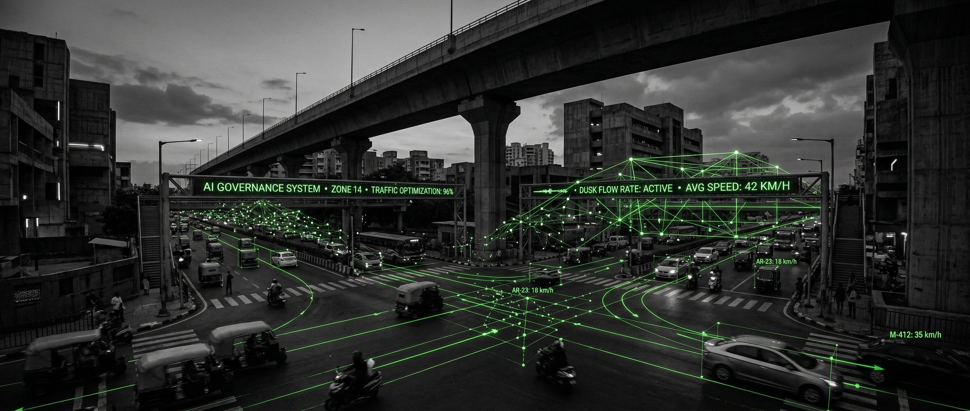 AI governance system active over a congested Indian city corridor — traffic nodes, speed indicators, and demand zones overlaid on a real intersection